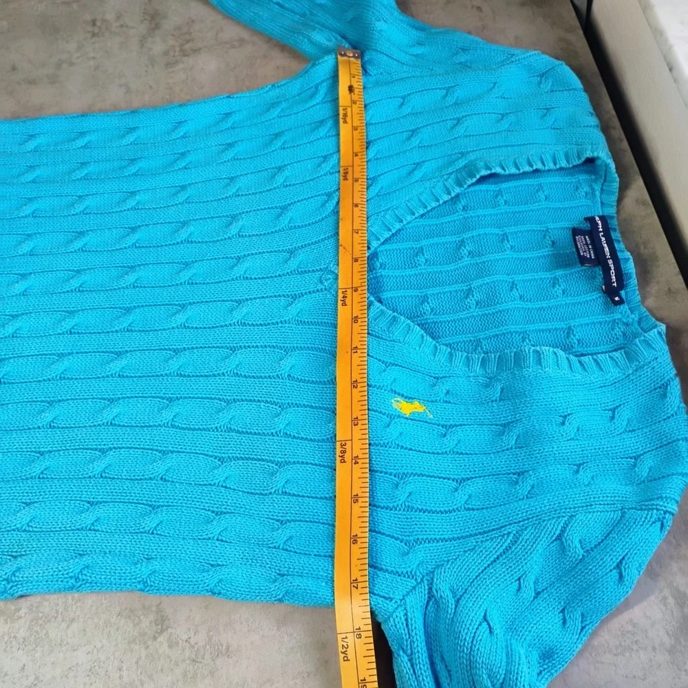 Ralph Lauren Sport Cable Knit Sweater Womens Medium Blue Yellow Pony Logo Preppy